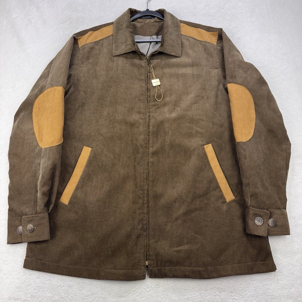 Vintage Inserch Italy Mens XL Brown Microcheck Full Zip Jacket Suede Trim